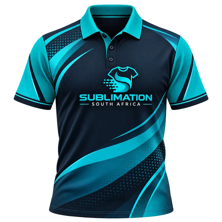 Custom sublimated golf shirt in black and turquoise