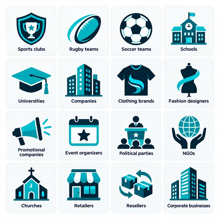 Industries using sublimation printing including sports clubs, schools, universities, companies, designers, retailers and corporate businesses